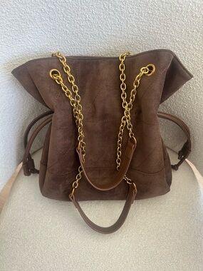 Suede Shoulder Bag with Gold Chain Straps